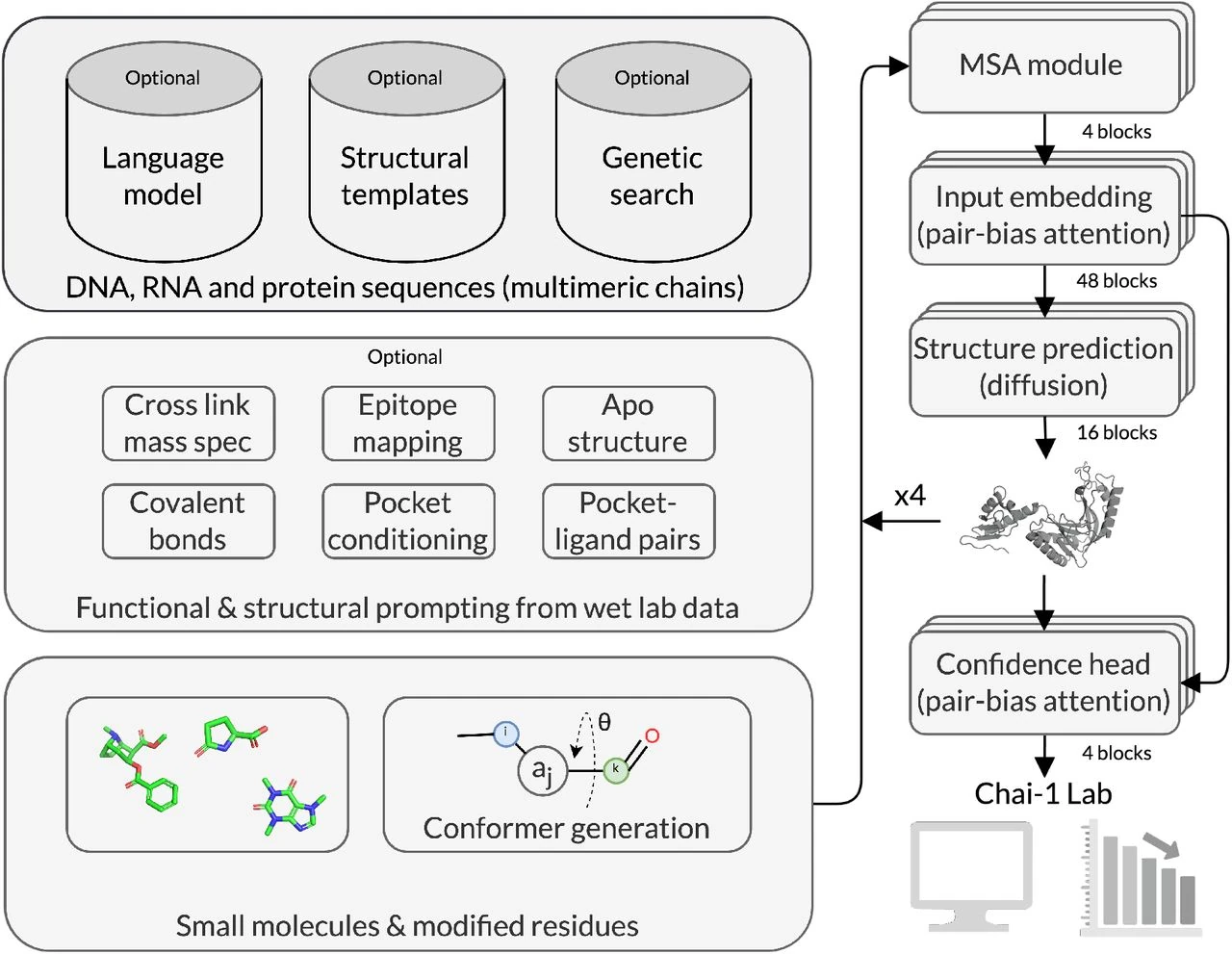 Overview of the Chai-1 model architecture and input features