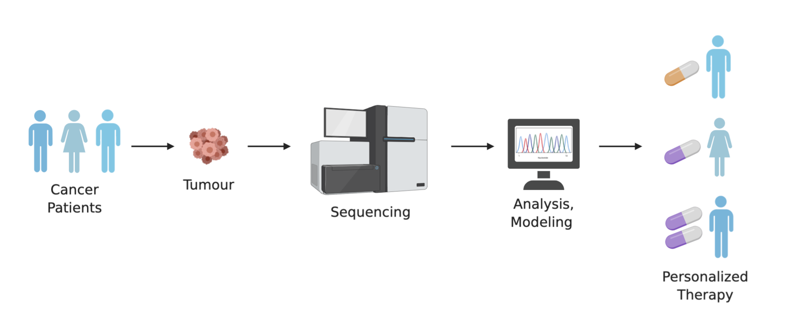Diagram demonstrating a simplified progression that occurs using bioinformatics in precision medicine.